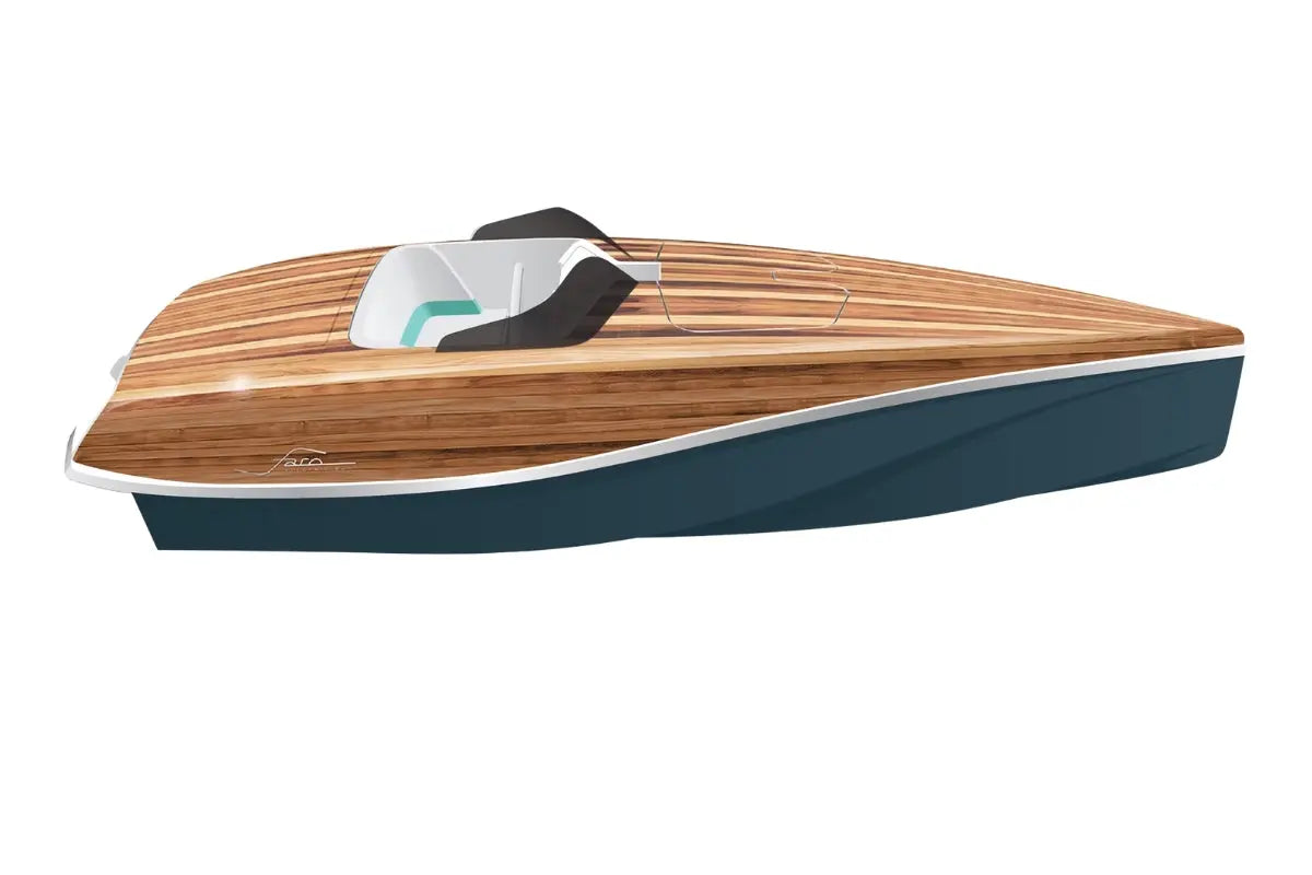 Nova Luxe Faro Electric Boat with a white and blue interior on a white background