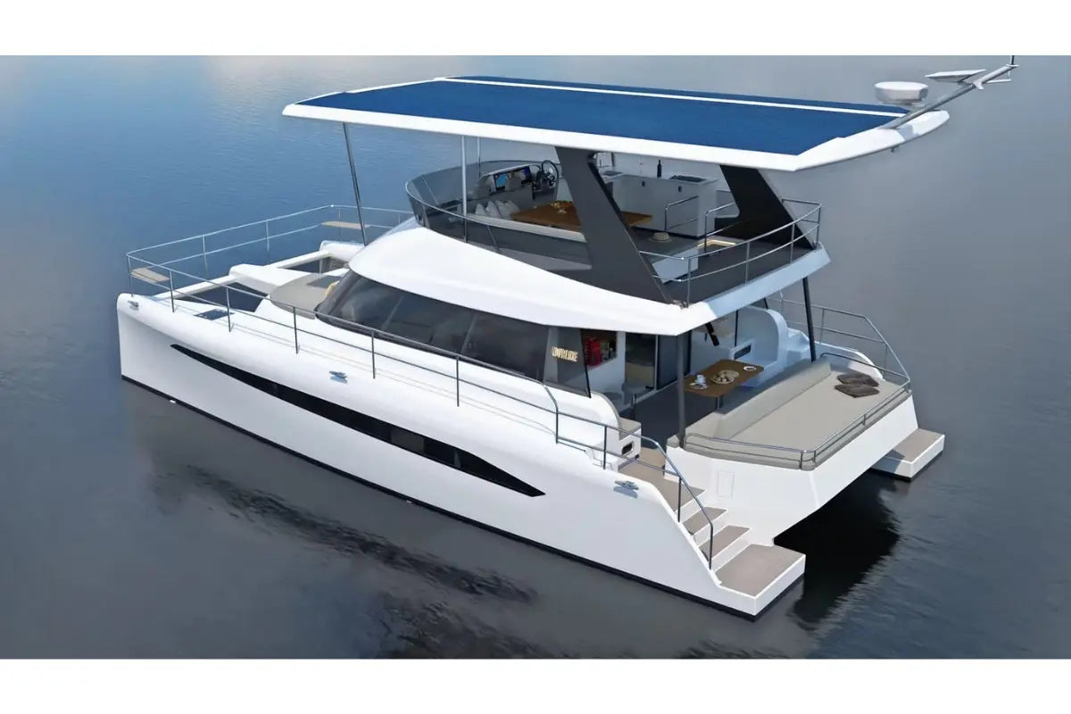 White Nova Luxe Elight 44 Electric Boat with a blue canopy on a calm water background