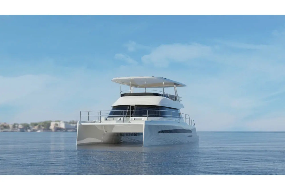 Modern Nova Luxe Elight 44 Electric Boat on a calm body of water with a clear sky.