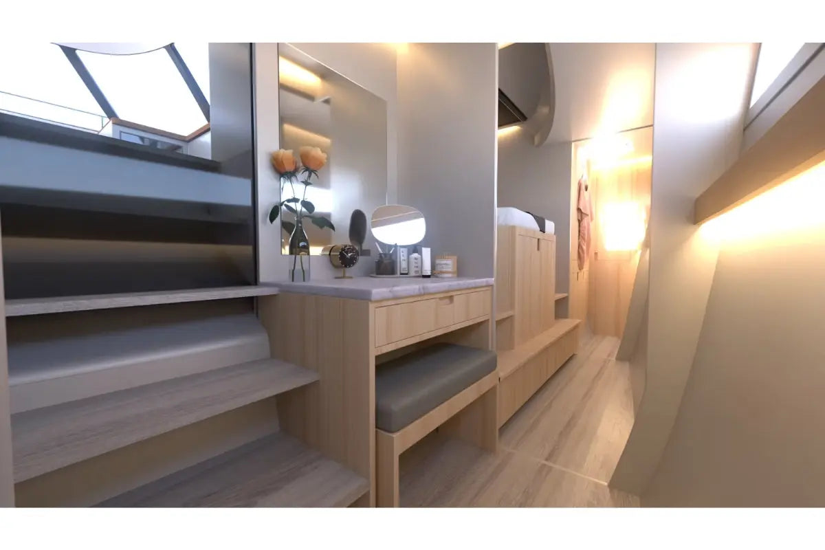 Modern Nova Luxe Elight 44 Electric Boat bathroom interior with wooden vanity, mirror, and shelves.