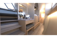 Modern Nova Luxe Elight 44 Electric Boat bathroom interior with wooden vanity, mirror, and shelves.