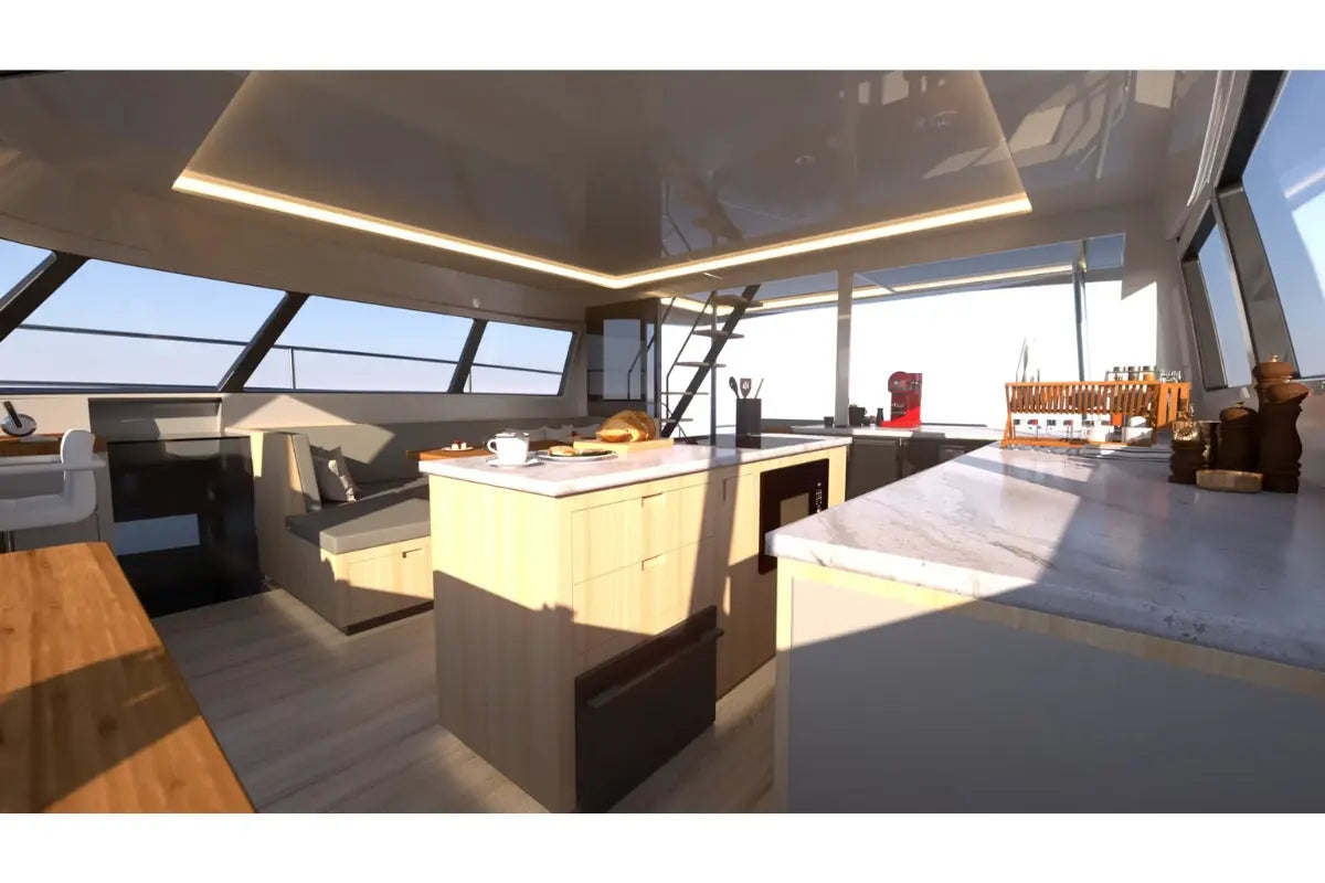 Modern Nova Luxe Elight 44 Electric Boat interior with a kitchen area and large windows