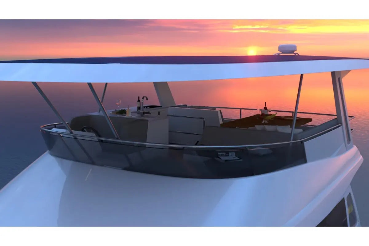 Nova Luxe Elight 44 Electric Boat deck with sunset in the background