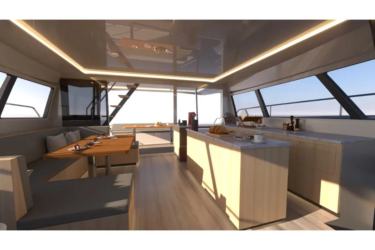 Modern Nova Luxe Elight 44 Electric Boat interior with a kitchen and seating area