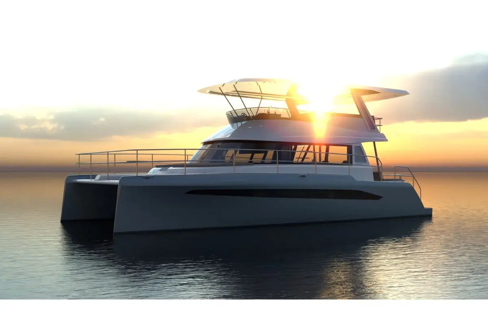 Nova Luxe Elight 44 Electric Boat on water with sunset in the background