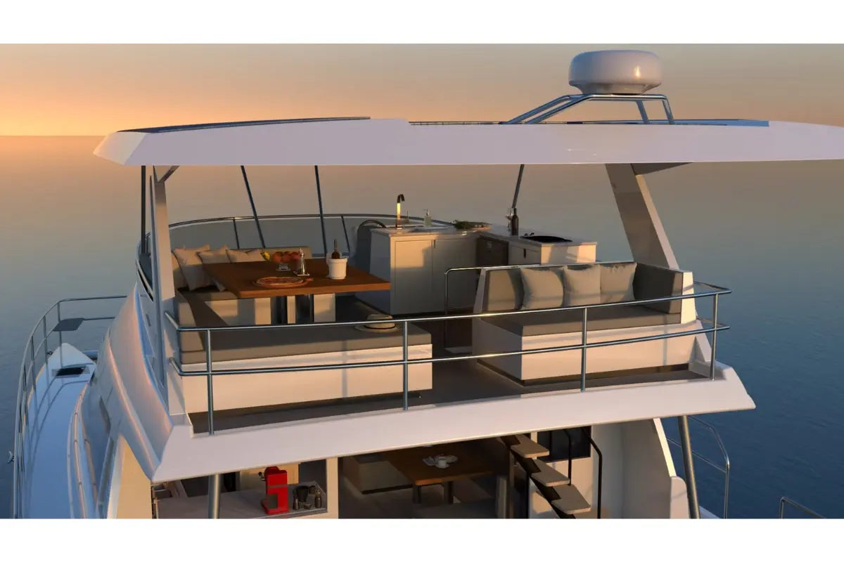Nova Luxe Elight 44 Electric Boat with seating area and table at sunset