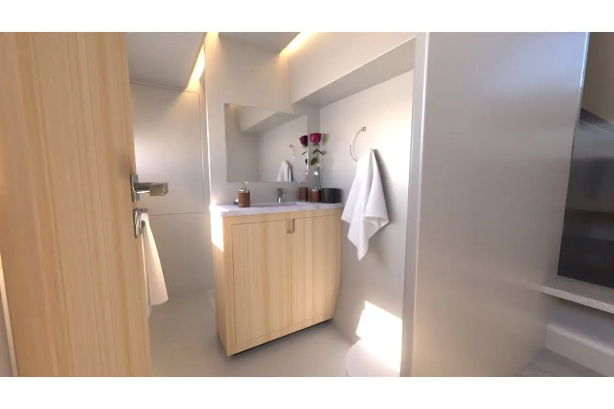 Nova Luxe Elight 44 Electric Boat Modern bathroom with wooden vanity and white fixtures