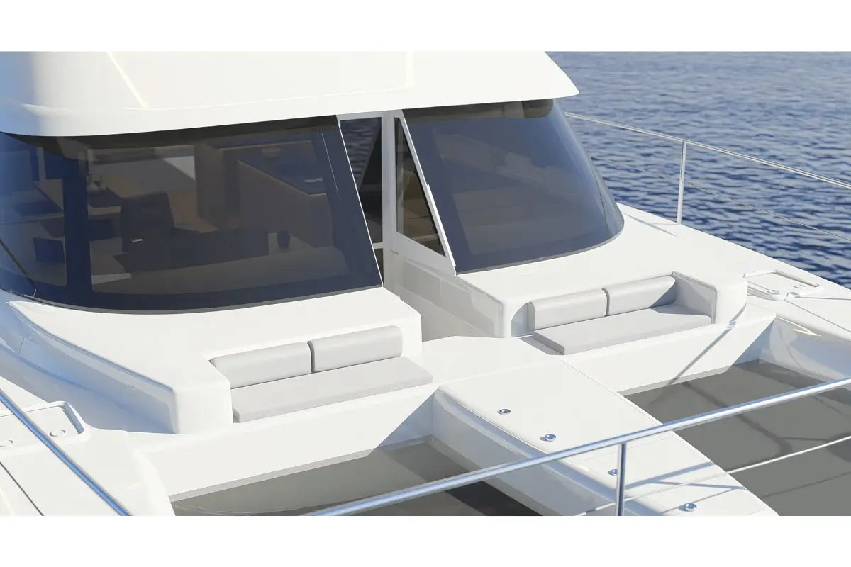 Close-up of a luxury Nova Luxe Elight 44 Electric Boat cockpit with water in the background