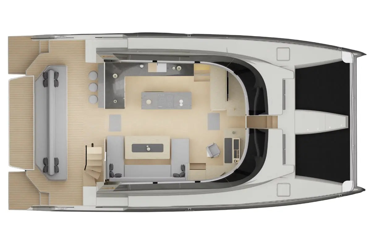 Top-down layout of a modern office space with furniture and equipment on Nova Luxe Elight 44 Electric Boat