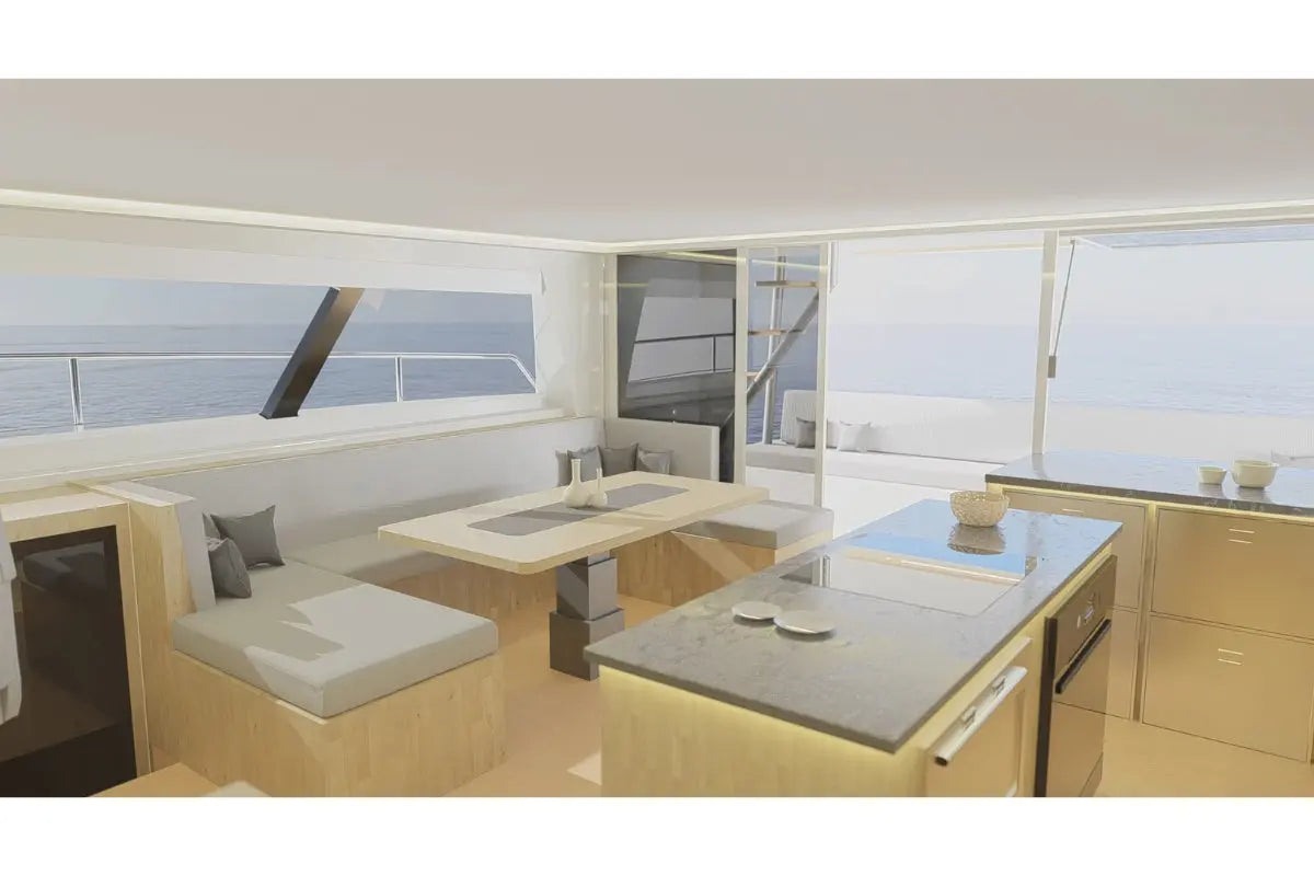 Modern kitchen and dining area on Nova Luxe Elight 44 Electric Boat with large windows.