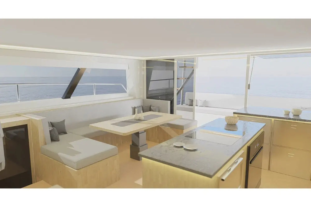 Modern kitchen and dining area on Nova Luxe Elight 44 Electric Boat with large windows.