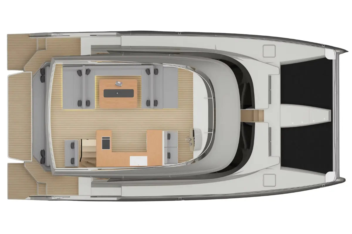 Top-down view of Nova Luxe Elight 44 Electric Boat interior layout with cabin and deck sections.