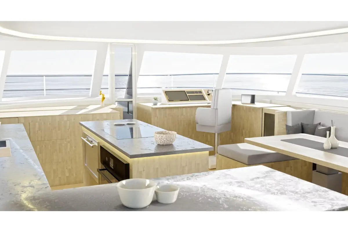 Modern Nova Luxe Elight 44 Electric Boat interior with a dining table and chairs