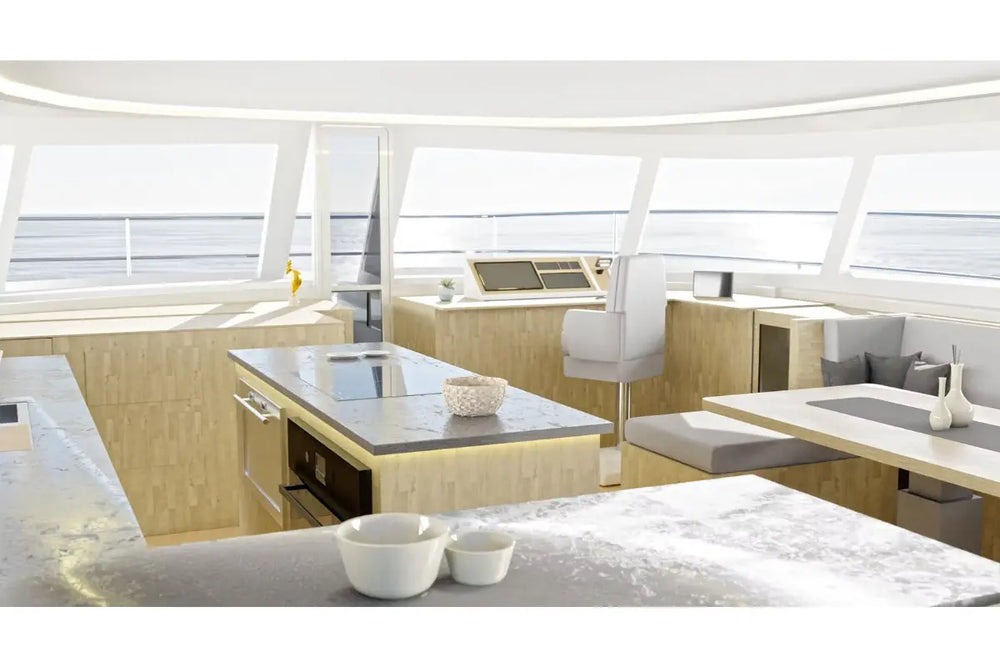 Modern Nova Luxe Elight 44 Electric Boat interior with a dining table and chairs