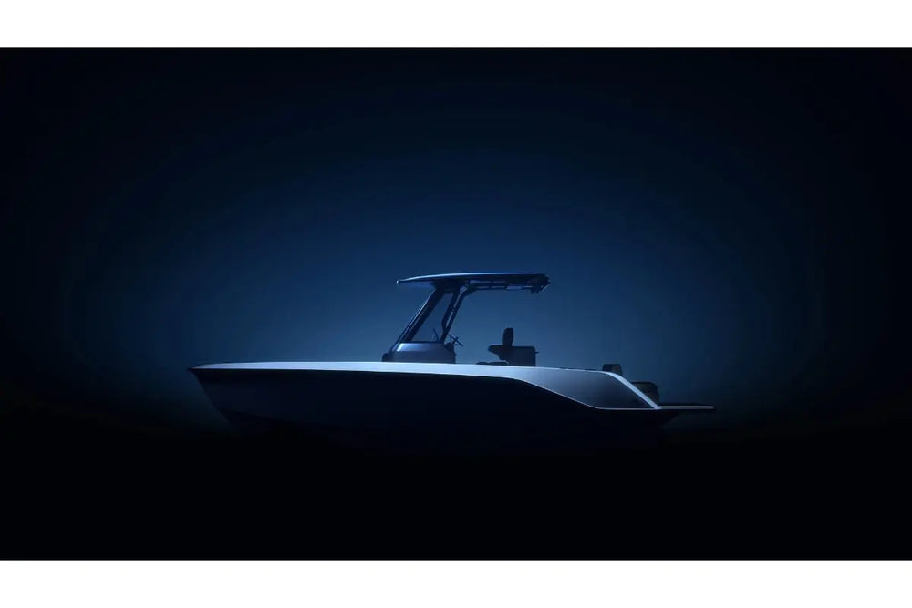 Arc Coast Electric Boat silhouette against a dark background with blue lighting