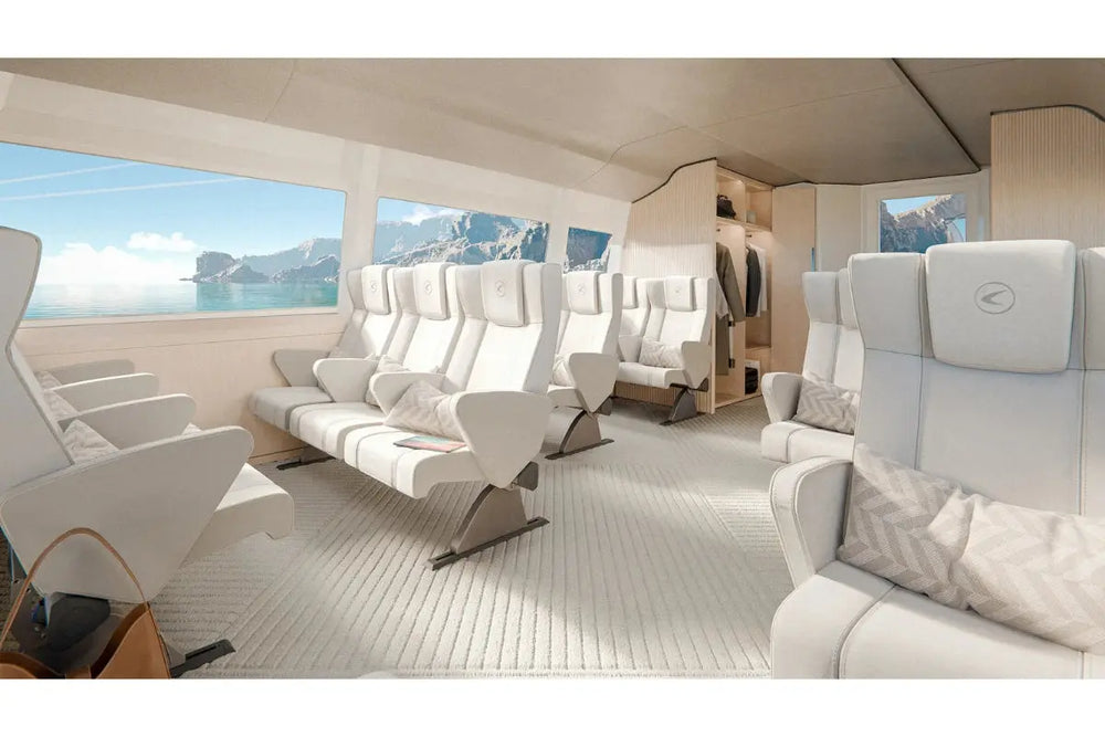 Candela P-12 Shuttle Electric Ferry Luxury interior with white seats and large windows showing scenic views.