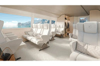 Candela P-12 Shuttle Electric Ferry Luxury interior with white seats and large windows showing scenic views.