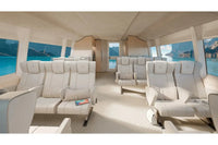 Candela P-12 Shuttle Electric Ferry Luxury white seats and large windows showing blue sky and clouds.