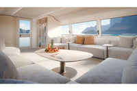 Candela P-12 Shuttle Electric Ferry has large windows, neutral color scheme, and decorative items.