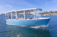 Blue Duffy Balboa 20 Electric Boat with a white canopy on a body of water with a clear sky.