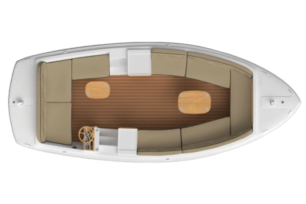 Top-down view of a Duffy Bay Island 22 Electric Boat interior with brown floor and beige seating.