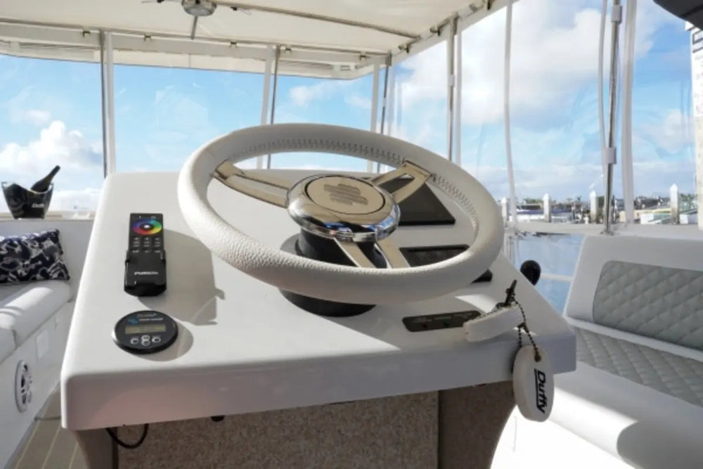 Steering wheel and dashboard of a Duffy Cat 16 Electric Boat with a scenic view outside