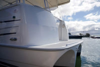 White Duffy Cat 16 Electric Boat on water with a cloudy sky