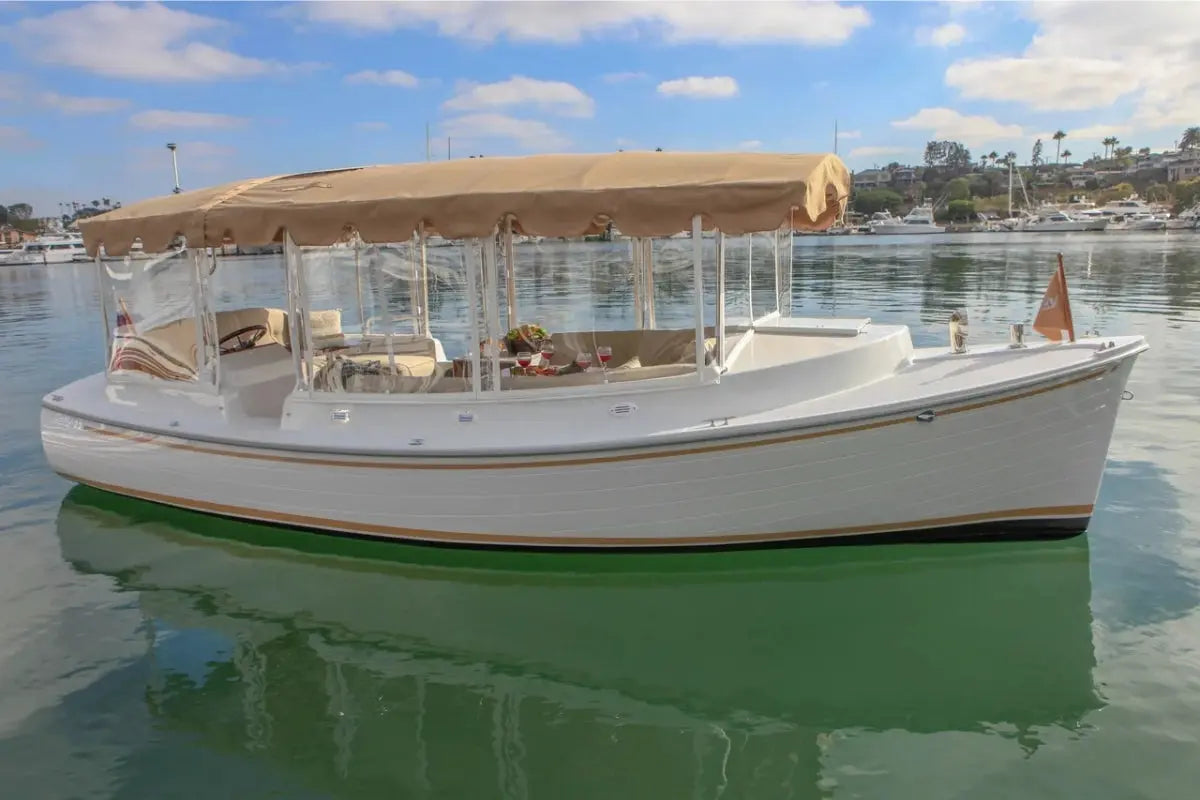 Duffy Cuddy Cabin 22 Electric Boat with a canopy on a calm body of water under a blue sky.