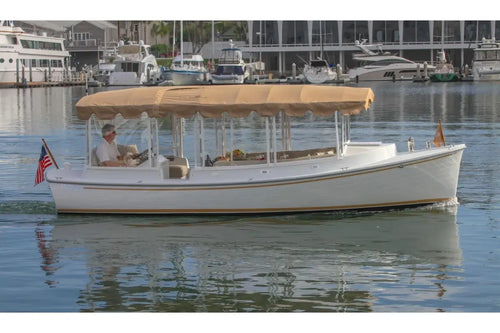 Duffy Cuddy Cabin 22 Electric Boat with a canopy on a body of water with buildings in the background