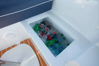 Duffy Snug Harbor 18 Electric Boat Open cooler with ice and bottles inside, showing a blue interior.