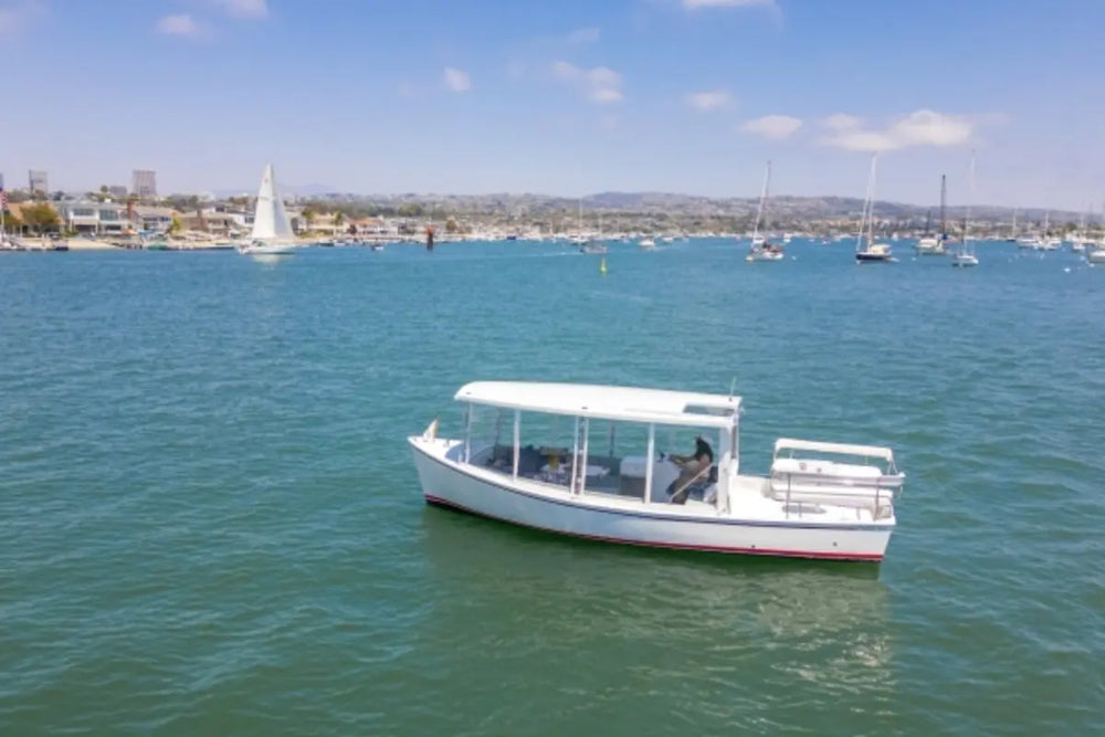 Duffy Sun Cruiser 23 Electric Boat on a body of water with other boats and buildings in the background