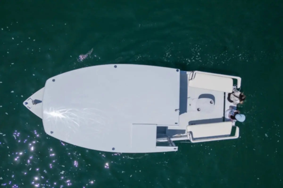 Top-down view of a Duffy Sun Cruiser 23 Electric Boat on water
