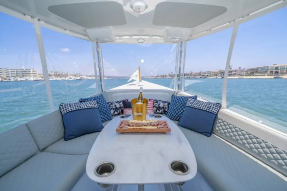 Interior of Duffy Sun Cruiser 23 Electric Boat with a table, cushions, and a view of water and skyline.