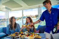 People enjoying the Duffy Sun Cruiser 23 Electric Boat ride with drinks and food, smiling and toasting.