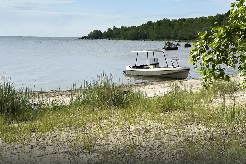 Elvene Amber Solar Electric Boat on a dock by a lake with trees in the background