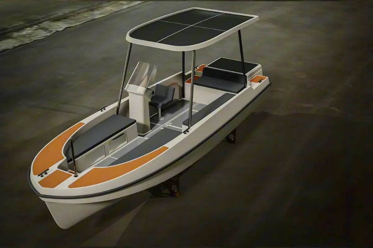 Elvene Amy Solar Solar Electric Boat with solar panel on top on a dark water background