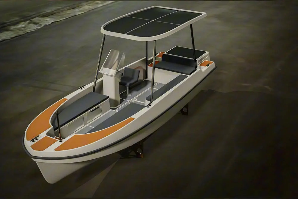 Elvene Amy Solar Solar Electric Boat with solar panel on top on a dark water background