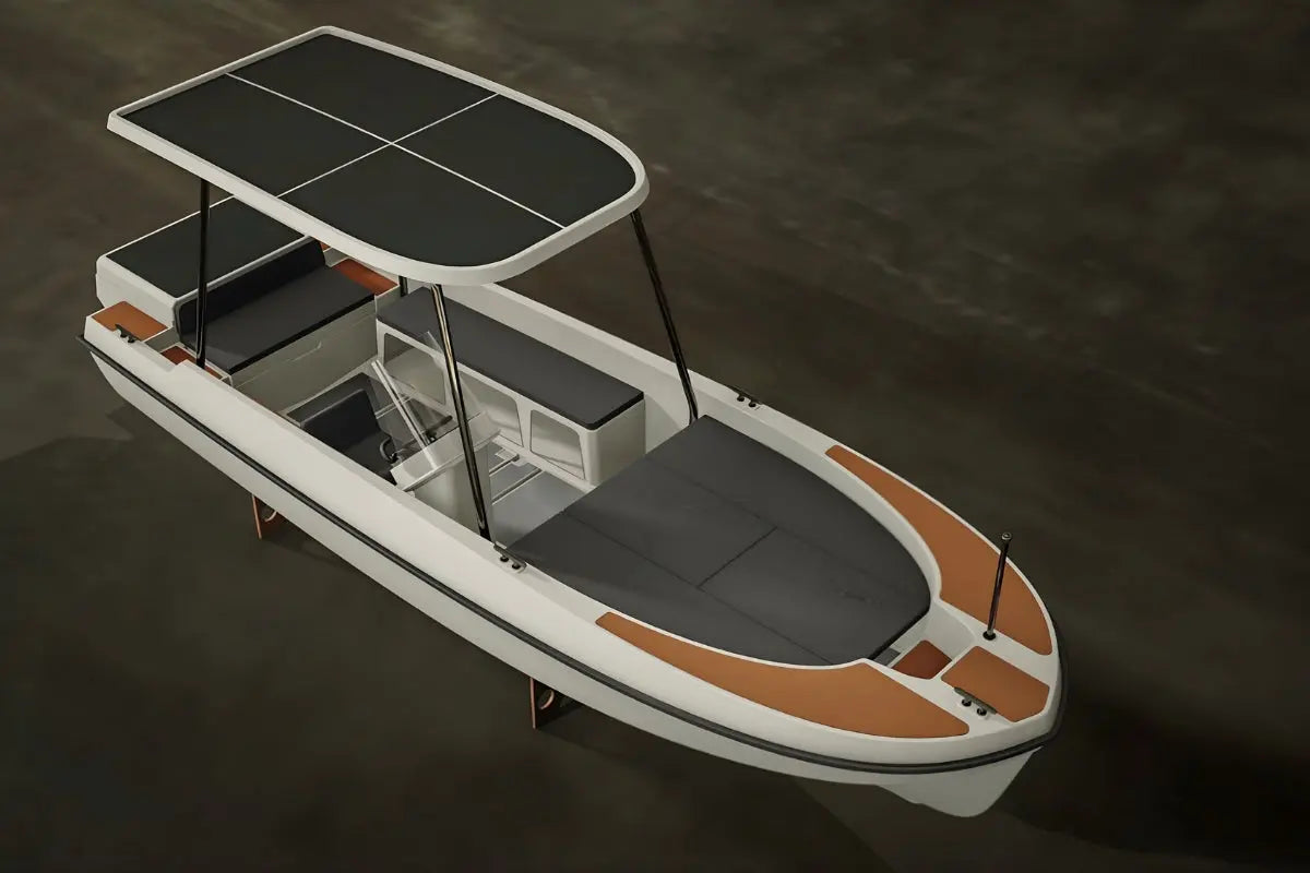 White and brown Elvene Amy Solar Solar Electric Boat with a solar panel on a dark background