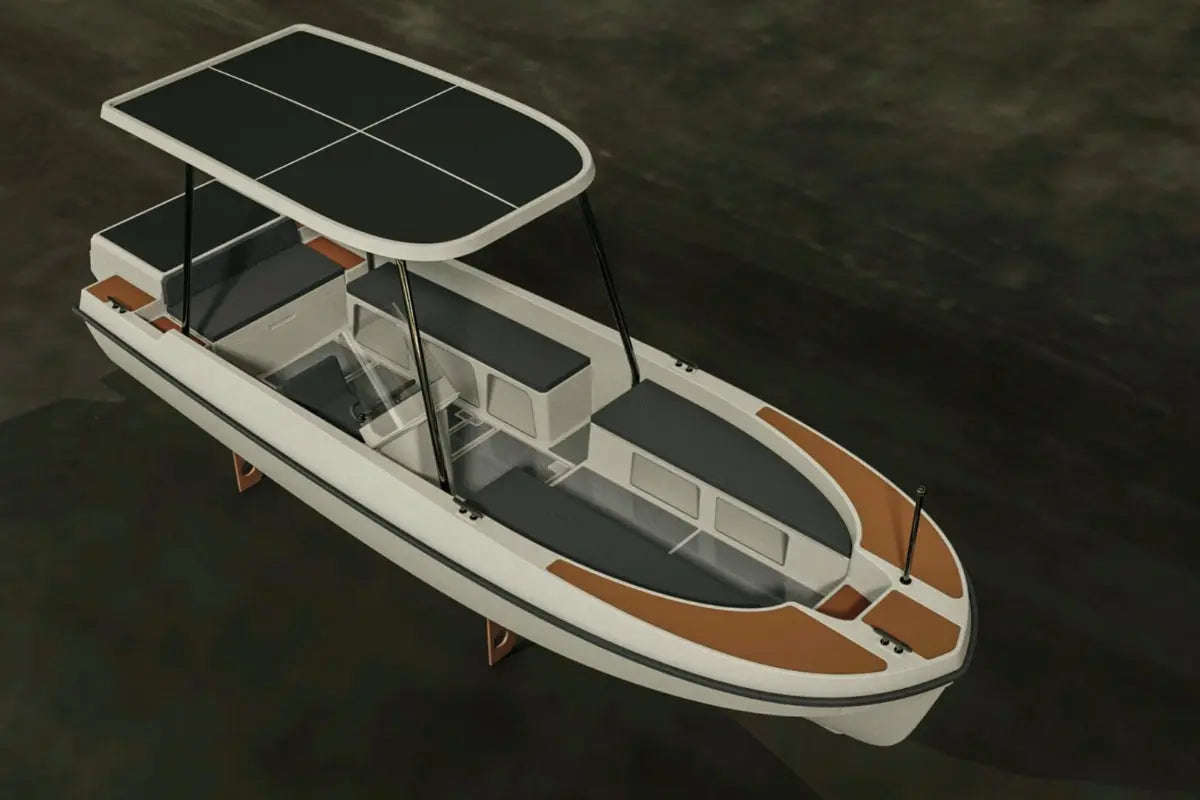 Model of Elvene Amy Solar Solar Electric Boat with a canopy on a dark background