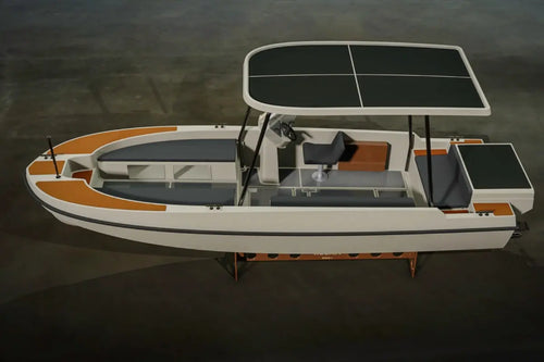 Solar-powered Elvene Amy Boat with a roof-mounted solar panel on a dark water background