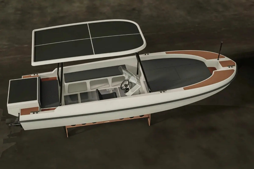 Elvene Amy Solar Solar Electric Boat with solar panels on a dark background