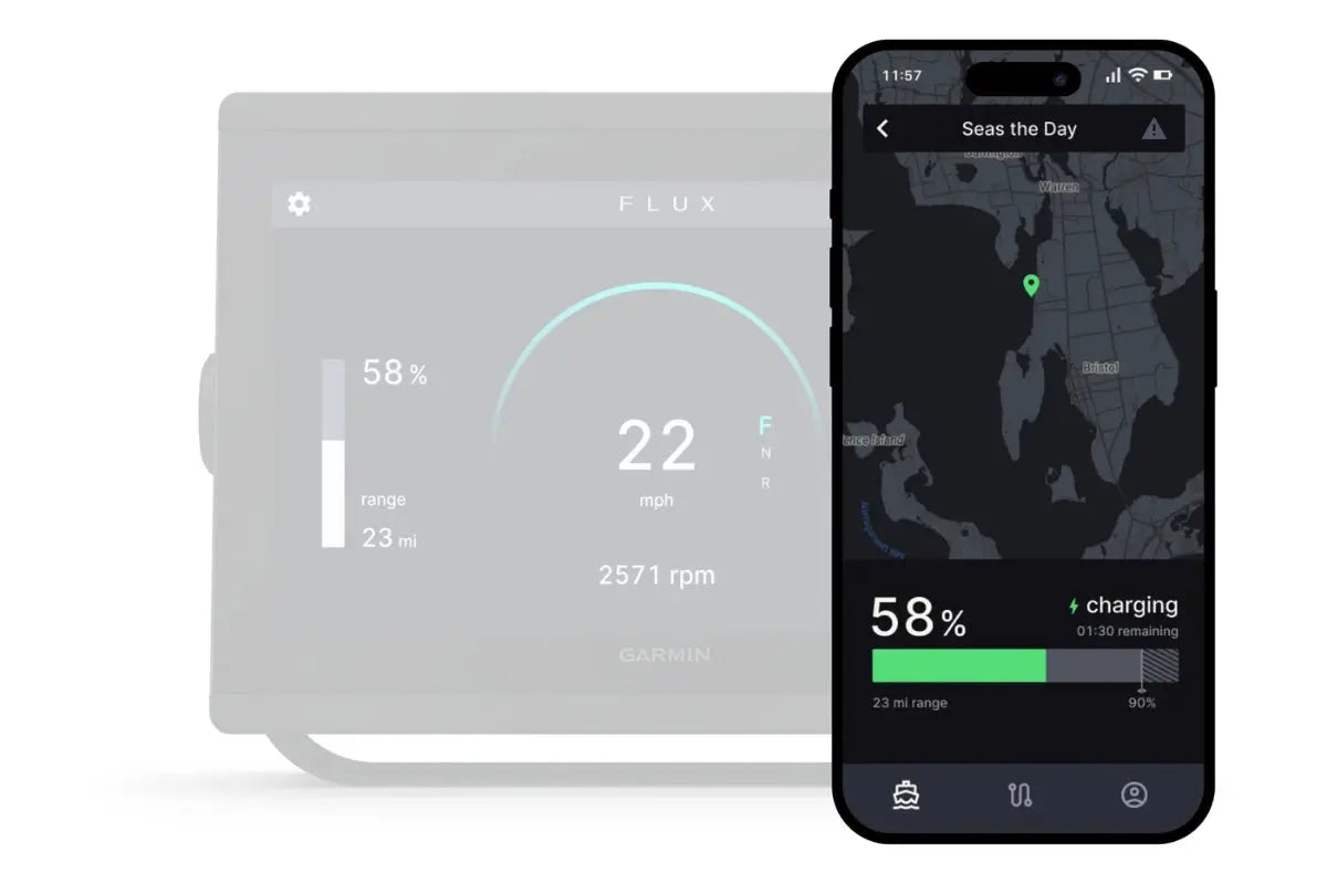 Smartphone displaying app interface next to a physical device with digital readouts on a white background
