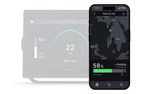 Smartphone displaying app interface next to a physical device with digital readouts on a white background