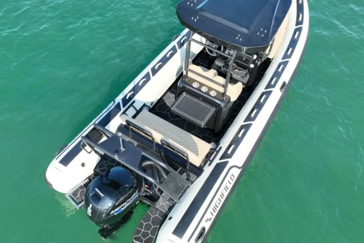 Flux Highfield Sport 660 Electric Boat on water with visible interior and exterior features