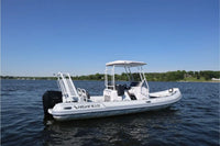 White Highfield Flux Highfield Sport 660 Electric Boat on a body of water with a clear blue sky.