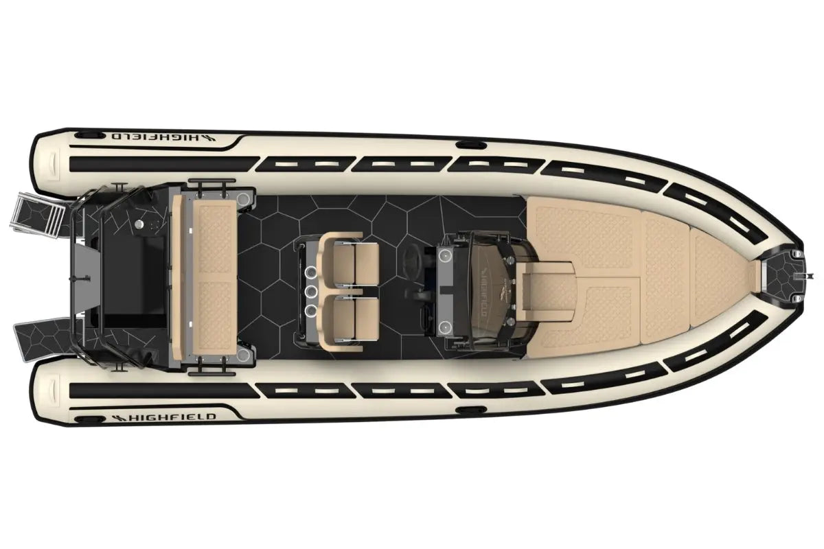 Top-down view of a Flux Highfield Sport 660 Electric Boat on a white background