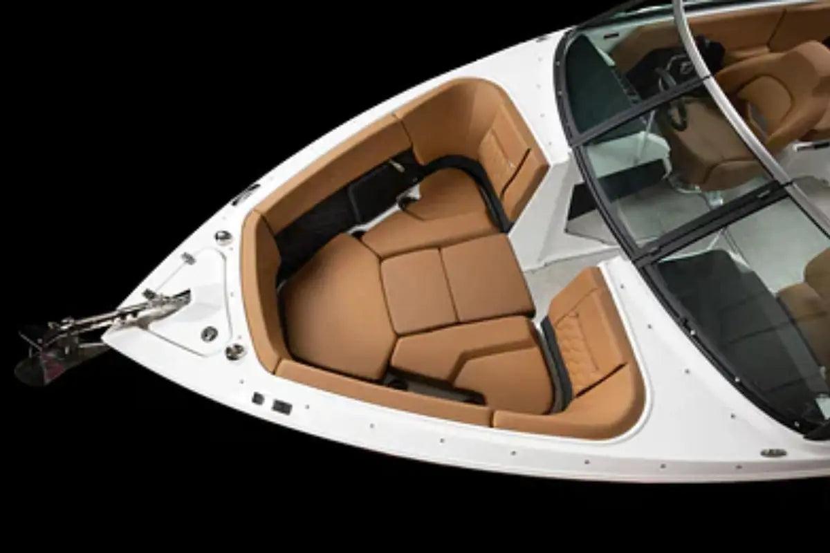 Four Winns H2e Electric Boat with brown seats on a black background