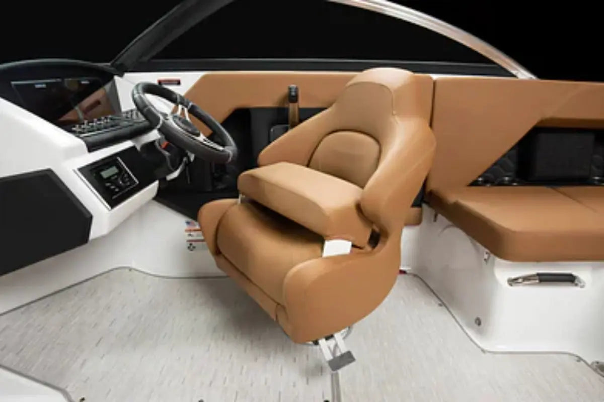 Interior of Four Winns H2e Electric Boat with brown seats and dashboard