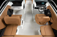 Interior of Four Winns H2e Electric Boat with brown seats and a steering wheel