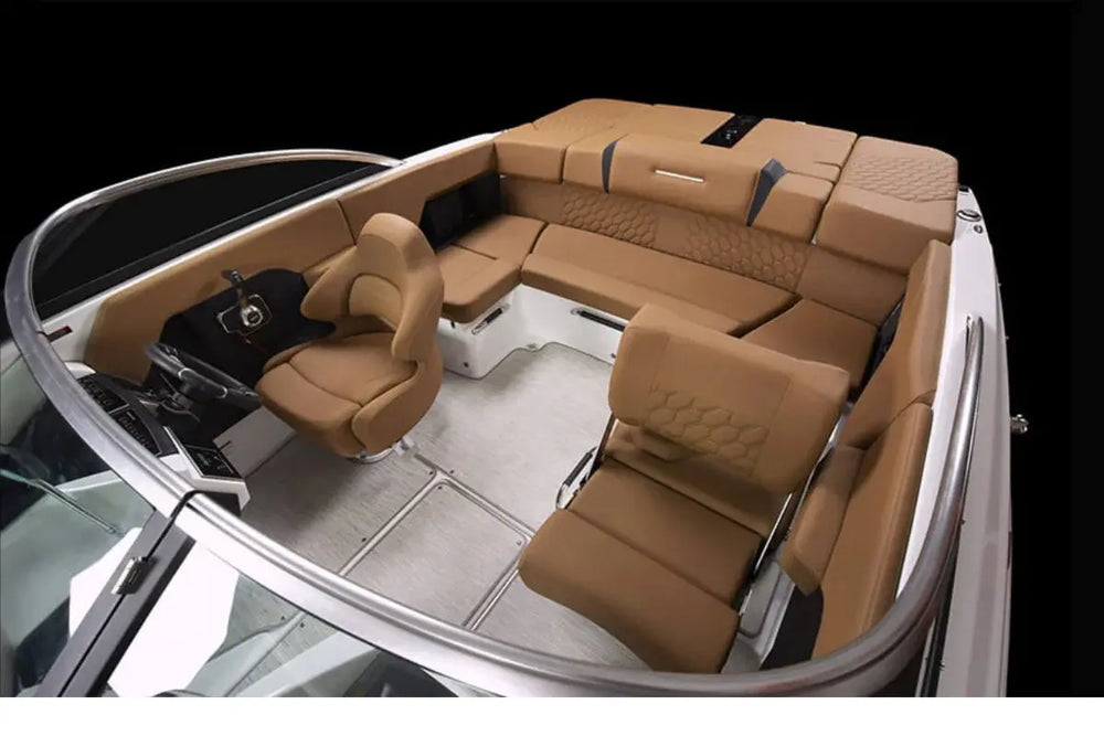 Brown leather interior of Four Winns H2e Electric Boat with visible brand logo on a black background